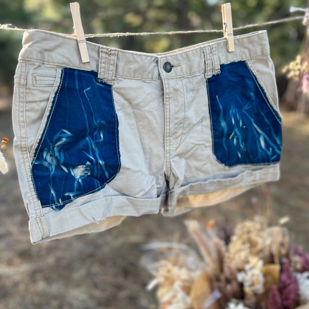 Beige Shorts with Cyanotype